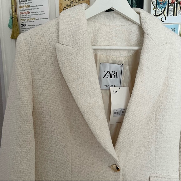 Zara Ecru Textured Coat Jacket With Golden Button - Picture 6 of 10